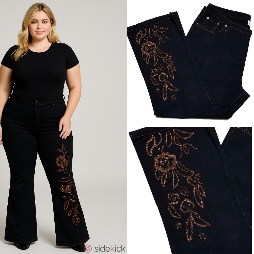 Retro Y2k Volup Silhouettes Black Denim Gold Embroidered Boot Cut Jeans 20